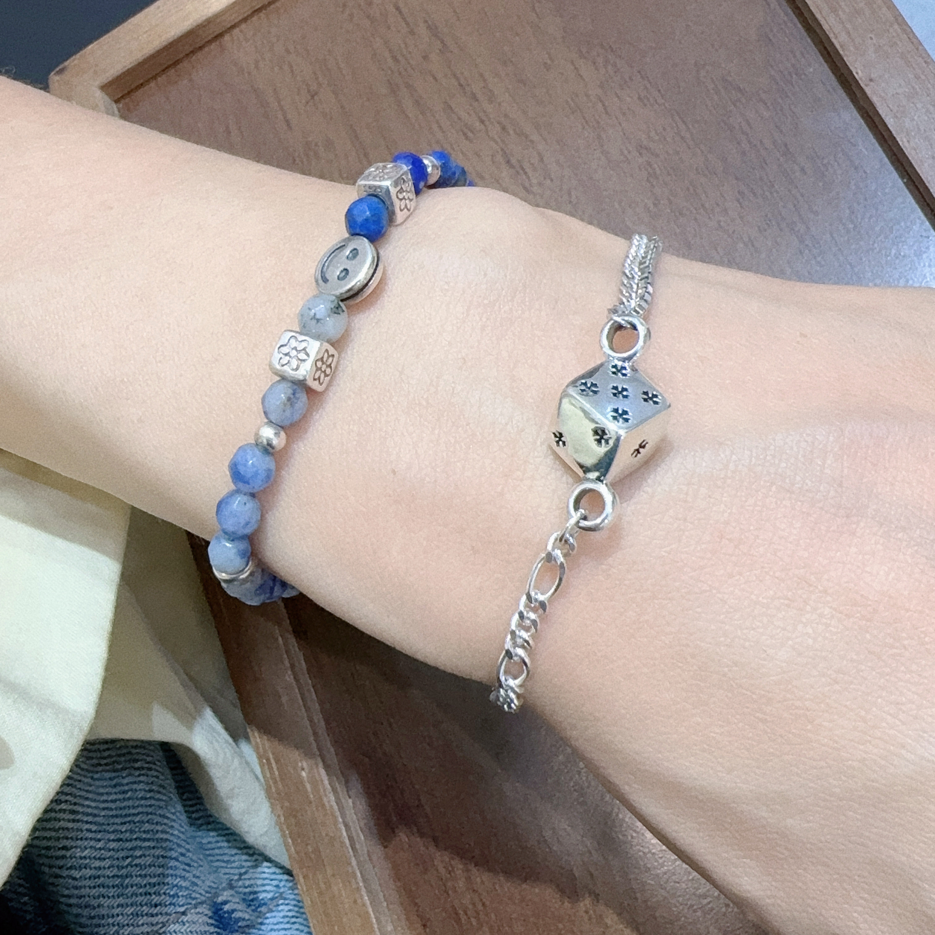 韩代S925纯银骰子手链女小众设计感AB链拼接质感百搭项链新款潮酷