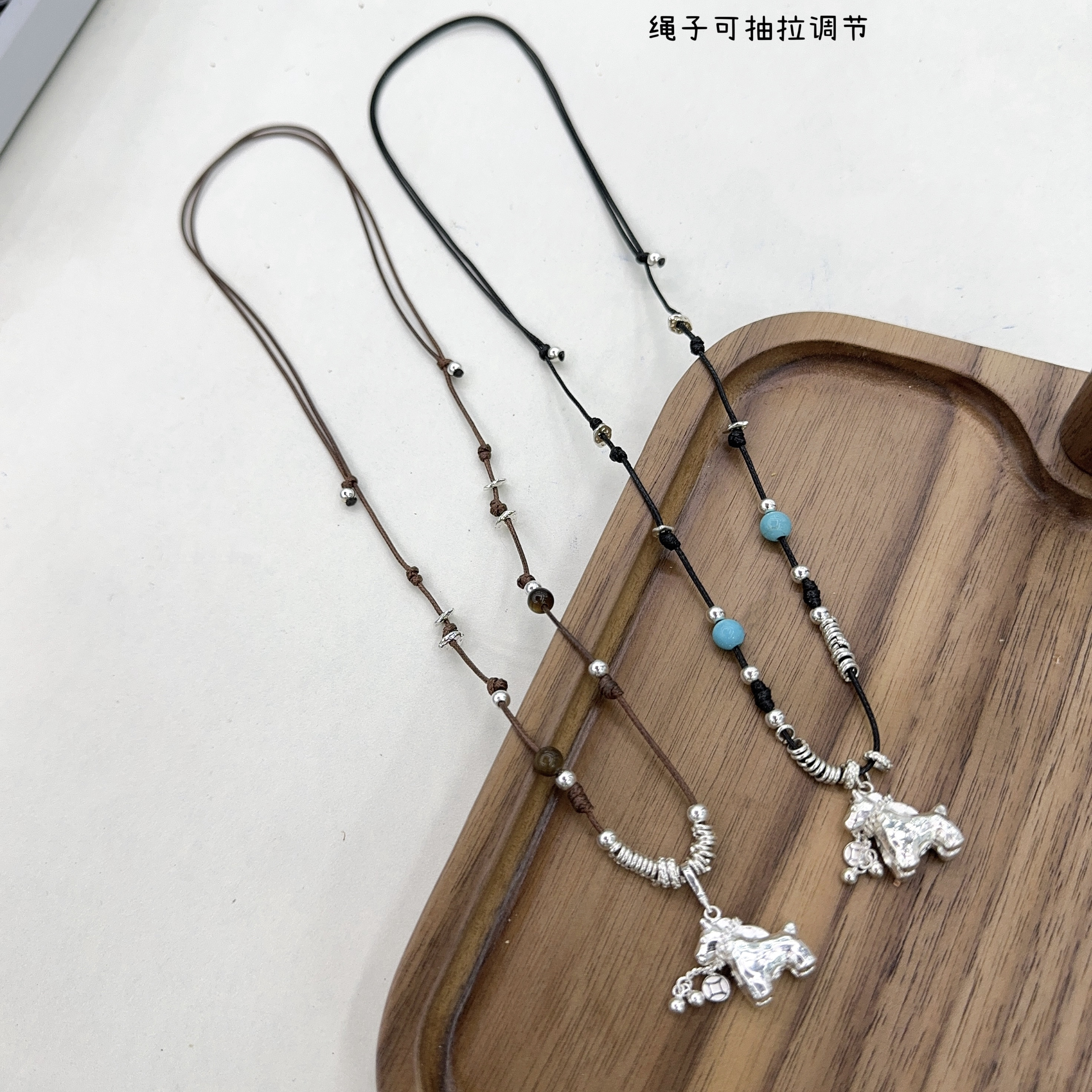 秋冬新款毛衣链S925纯银马上有钱项链女小马铜钱手工编织绳可调节