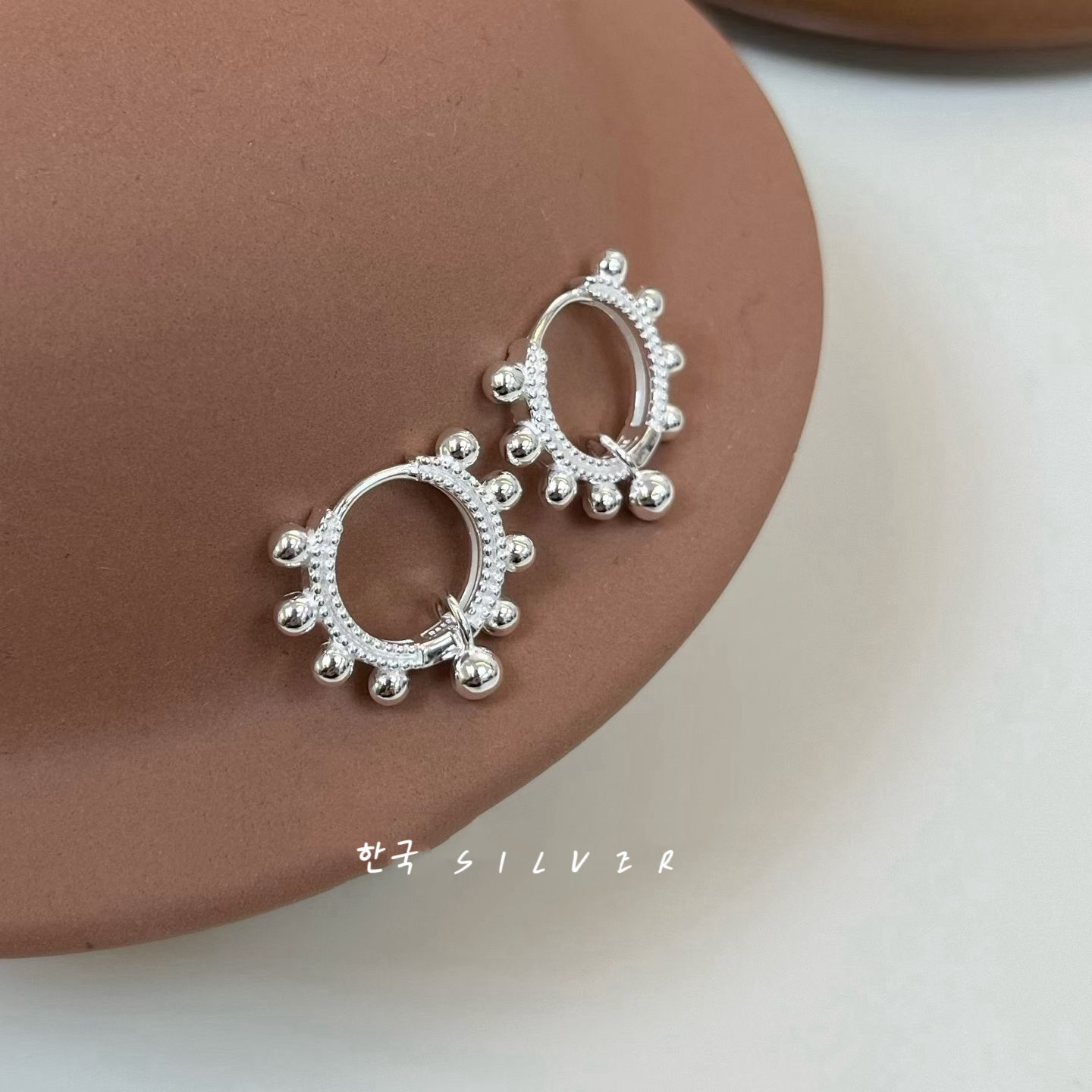 S925纯银花边圆珠耳环女韩系设计