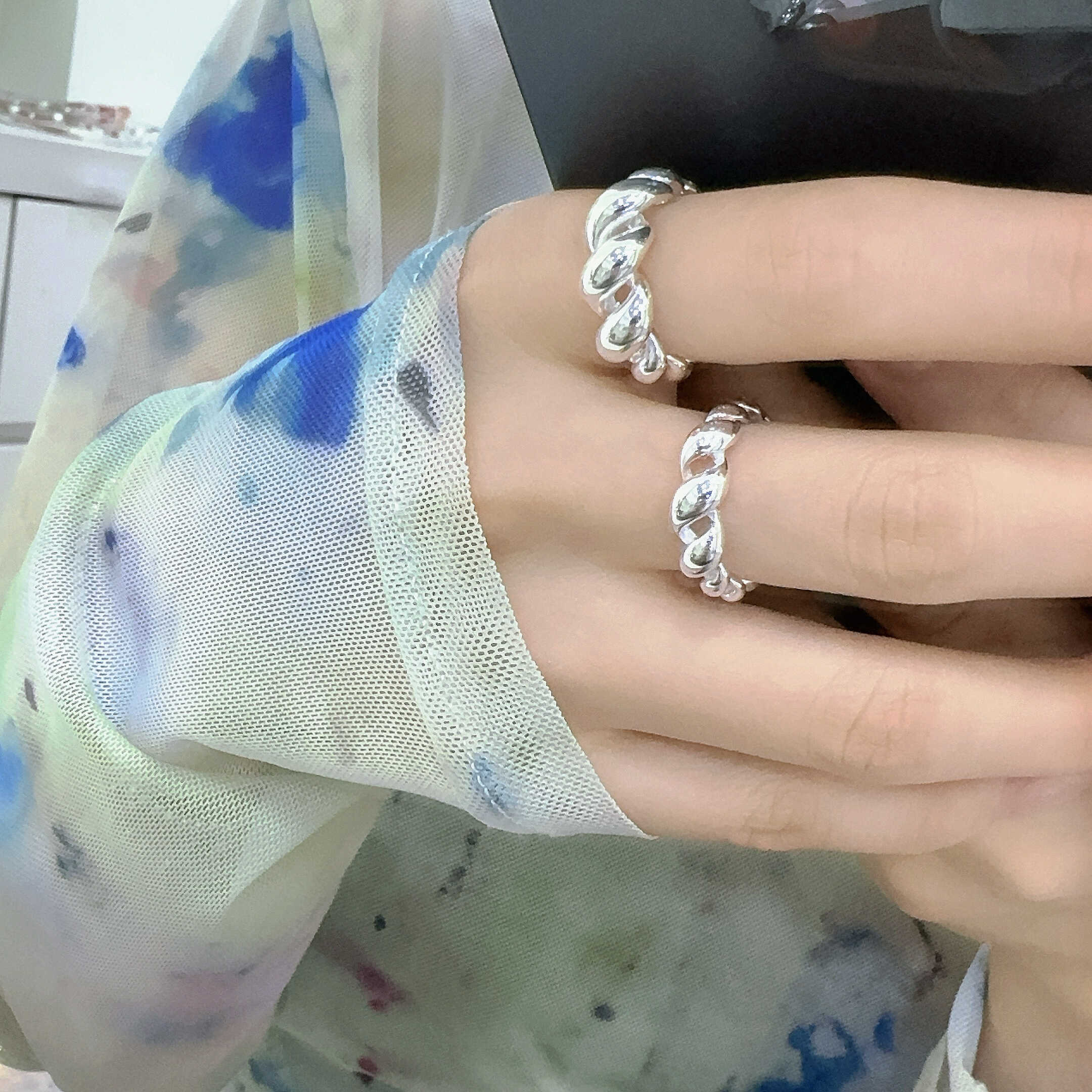 韩单s925纯银牛角包戒指女气质简约百搭重工麻花食指戒潮秀高级感