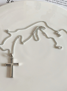 通体S925纯银十字吊坠项链男女款中性风潮牌嘻哈百搭毛衣链气质