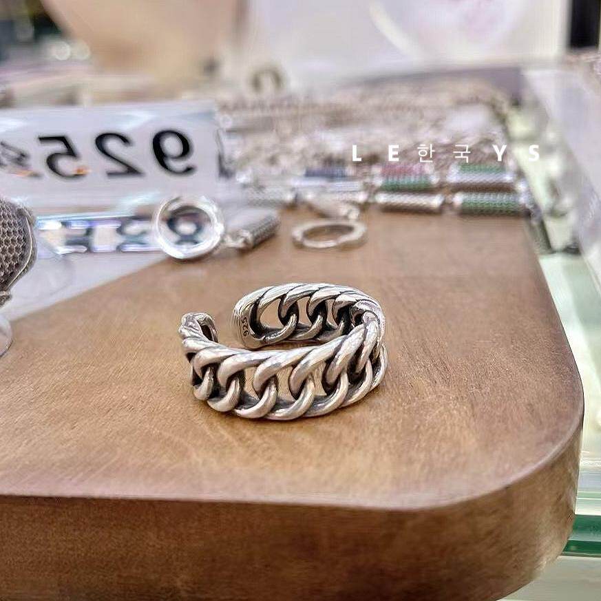 韩单s925纯银重工坦克链戒指复古个性编织麻花食指环中性风男女潮