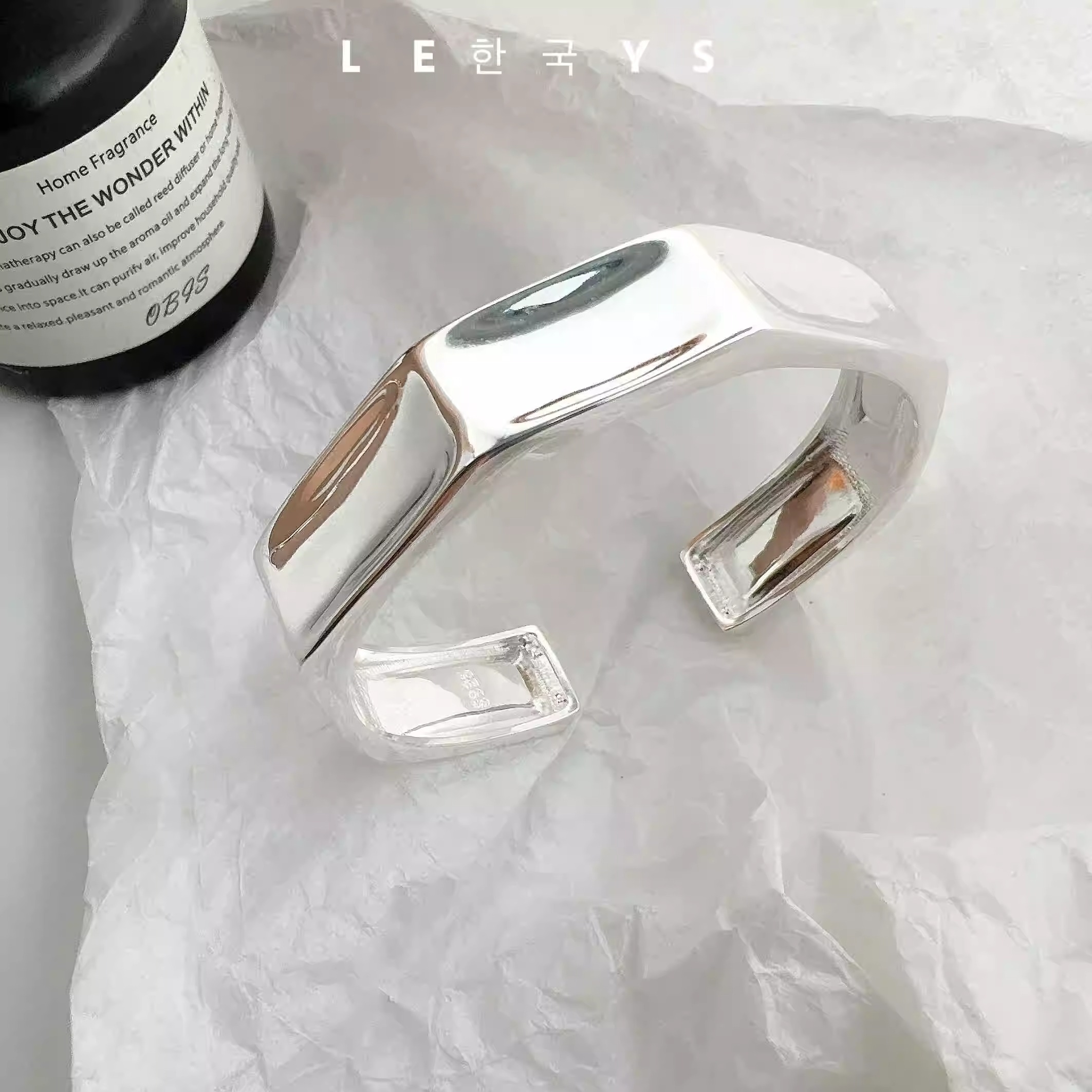 韩单s925纯银重工手镯女小众高级感不规则几何光面个性手环简约潮