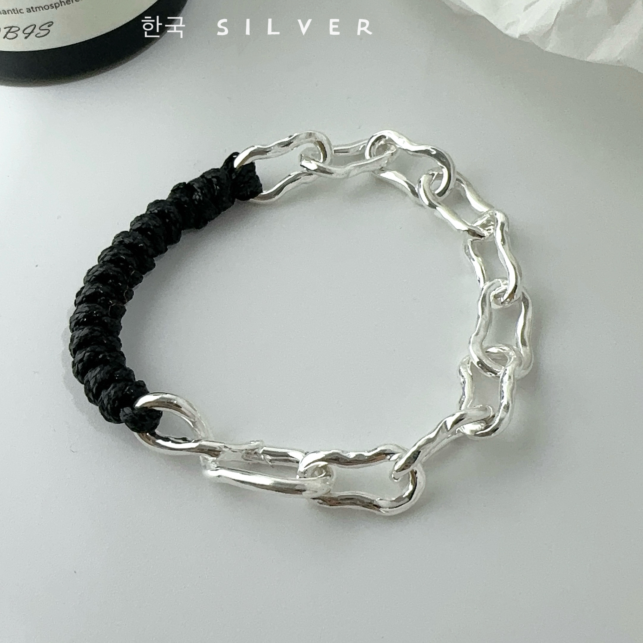 韩代原单s925纯银黑绳拼接手链ins设计感重工百搭手环高级感新款