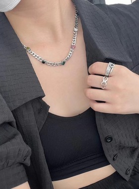 古巴链s925纯银彩色宝石项链