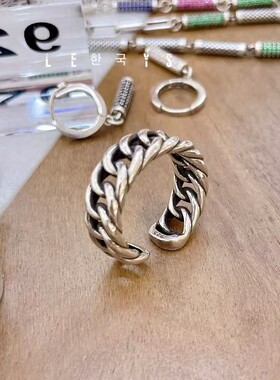日韩重工坦克链开口银戒指女s925纯银时尚个性编织麻花指环男轻奢