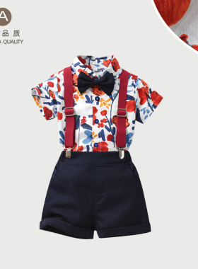 宝宝夏季衬衫背带裤英伦风男童套装周岁生日衣服小童时尚百搭两件
