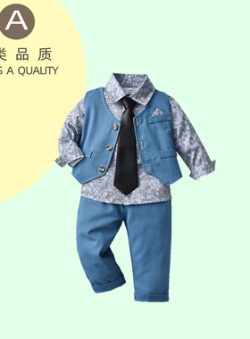 儿童套装秋装西装花童礼服男童马甲裤子三件套宝宝周岁套装拍摄服