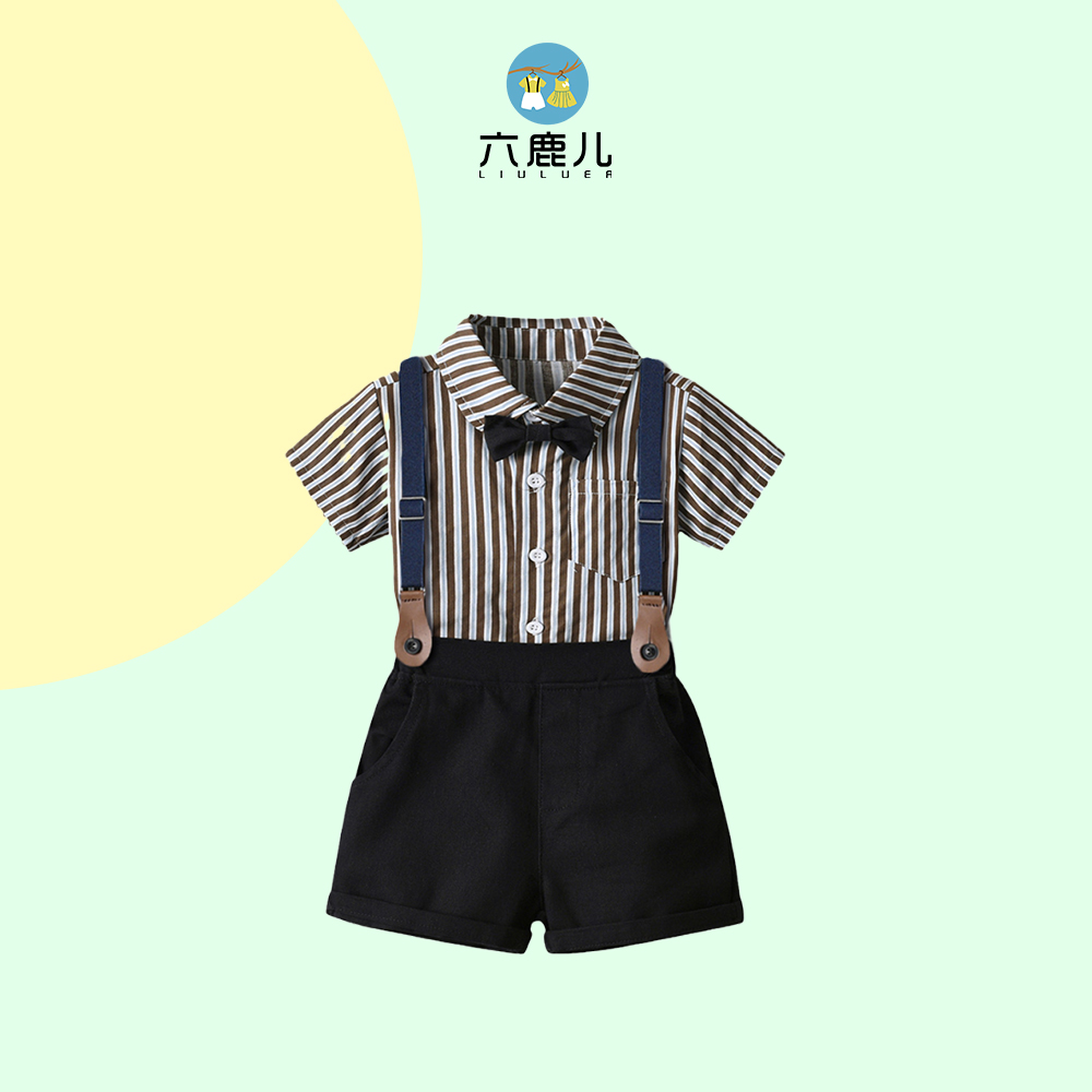 小男孩生日礼服儿童条纹衬衫背带裤男童套装夏季周岁宝宝花童西装
