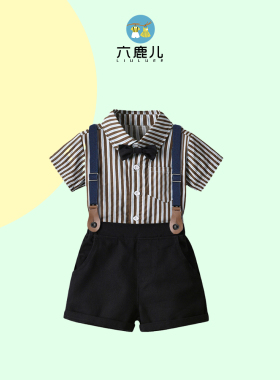 小男孩生日礼服儿童条纹衬衫背带裤男童套装夏季周岁宝宝花童西装