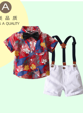 婴幼儿周岁生日红色绅士背带套装宝宝轻薄透气夏款儿童帅气表演装