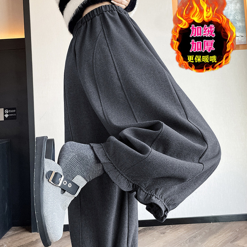 加绒加厚 甜美木耳阔腿裤女秋冬毛呢花苞裤高腰显瘦小个子九分裤