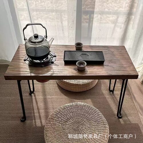 老榆木茶桌围炉桌长方形煮茶桌实木炭火烧烤桌户外折叠野餐火锅桌