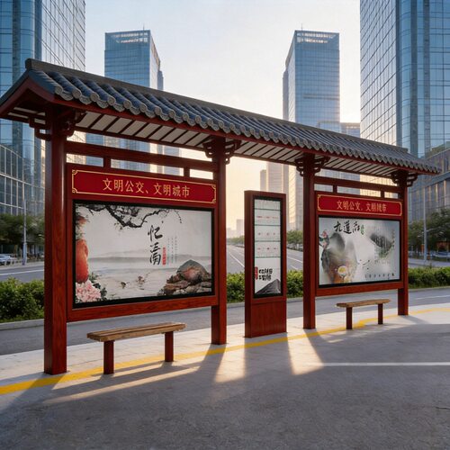 复古户外智能候车亭灯箱创新仿古公交车站台广告候车亭