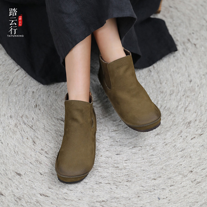 踏云行复古牛皮短靴女低跟舒适软底复古真皮手工单靴秋冬新款女鞋