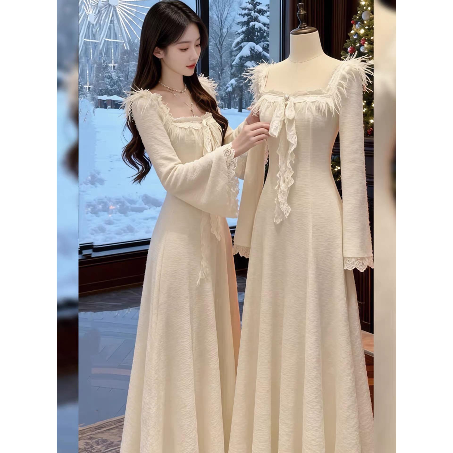 千金风气质辣妹白色蕾丝连衣裙女装2025秋冬新款加厚修身礼服长裙