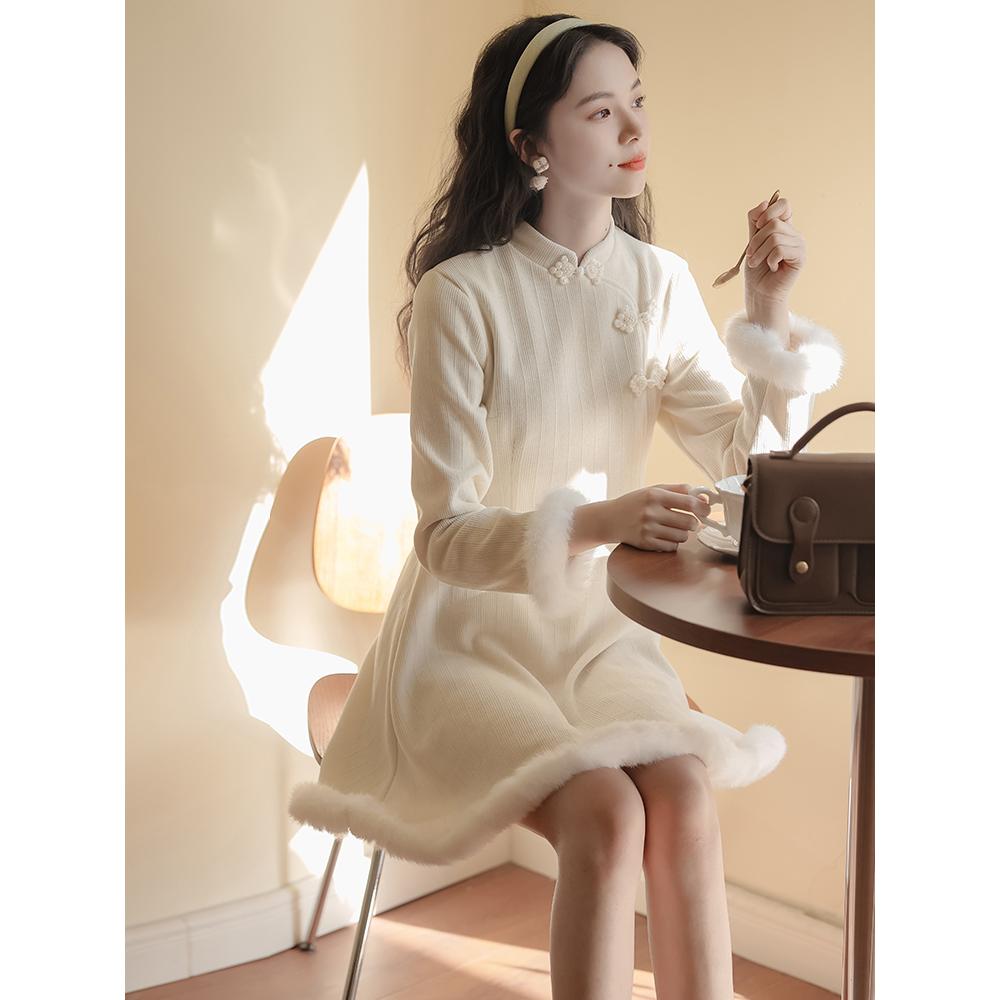 冬季新中式改良旗袍小个子新年战袍女秋冬连衣裙内搭裙子