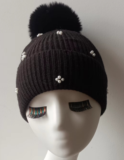 毛球珍珠烫钻日系针织毛线帽子保暖秋冬季新款羊毛护耳扎染冷帽潮