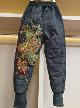 黑色凤凰羽绒棉裤女外穿冬季新款高腰小脚哈伦裤显瘦休闲保暖裤潮