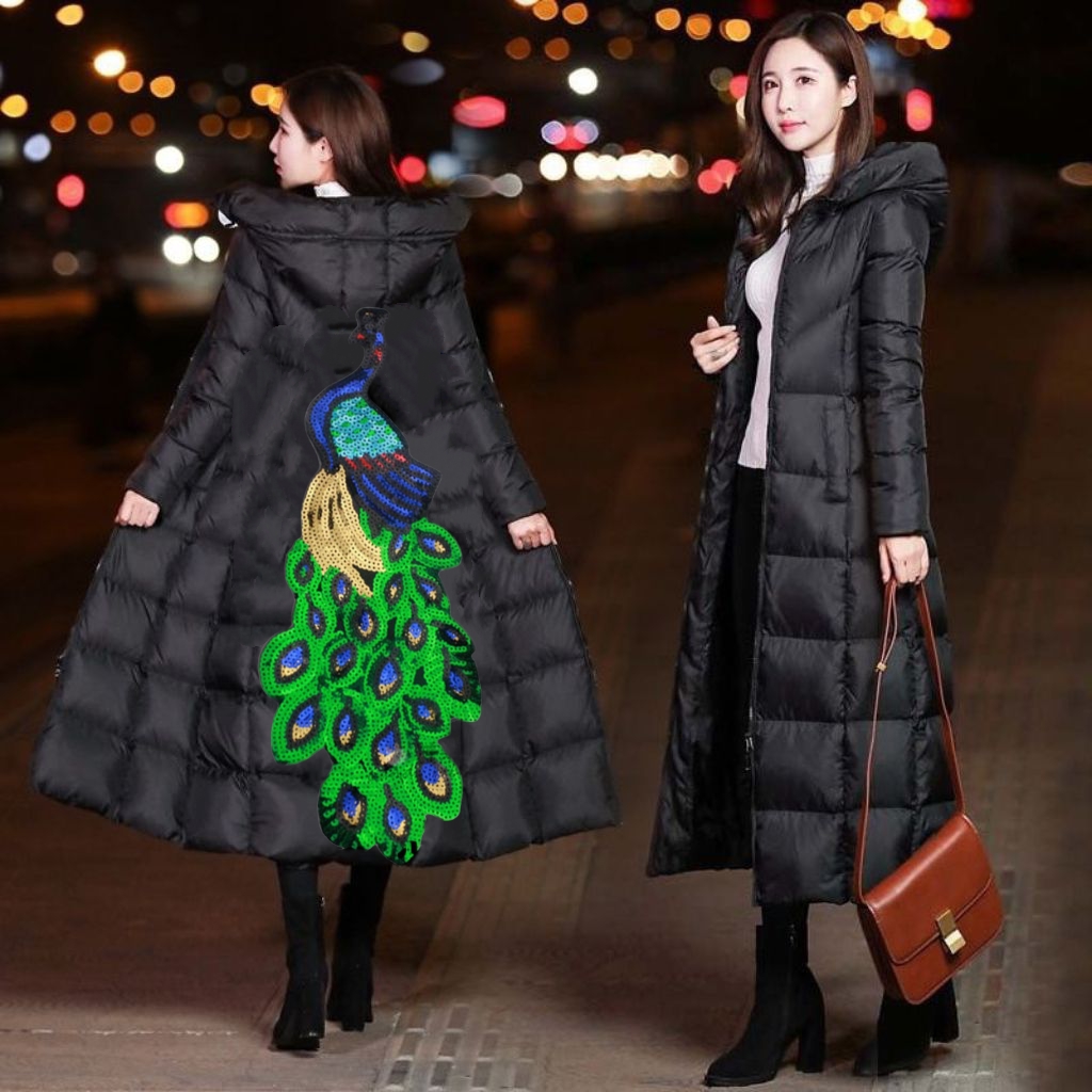 欧货新款黑色孔雀羽绒棉服韩版长亮面棉衣女加厚修身棉袄ins外套