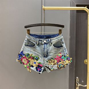 欧洲站刺绣亮片牛仔短裤女夏宽松中腰韩版热裤百搭新款毛边潮敲美
