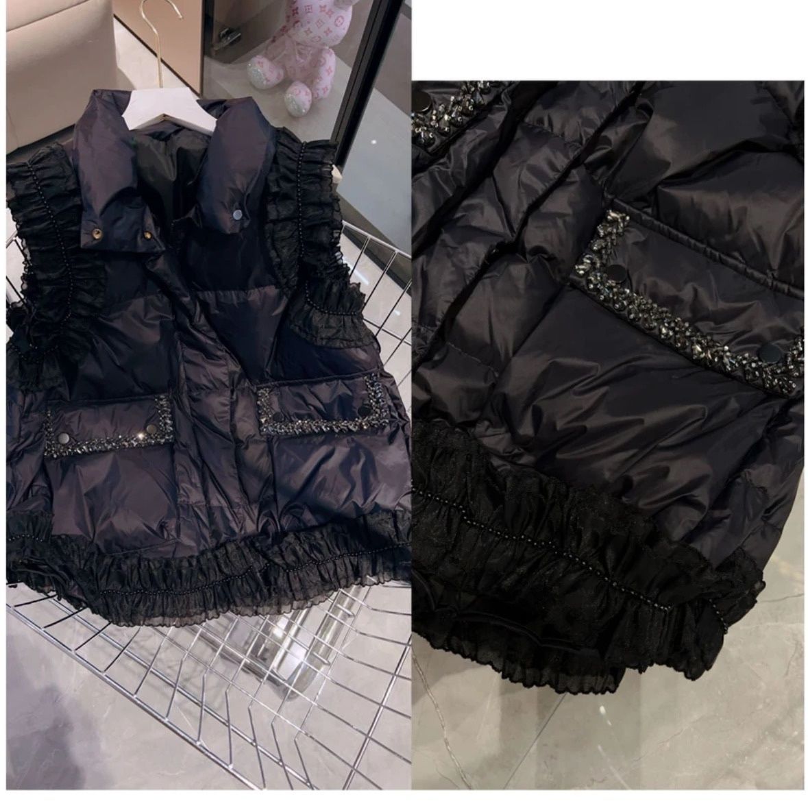黑色花边马甲女外秋冬棉服韩版2024花边外穿宽松背心马甲A字裙摆