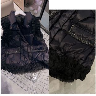 黑色花边马甲女外秋冬棉服韩版2024花边外穿宽松背心马甲A字裙摆