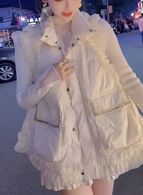 2024秋冬季新款保暖棉服马甲女时尚百搭重工钉珠奢华花边坎肩背心