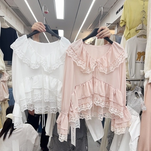 荷叶边衬衫 2026春新款 法式 甜美蕾丝拼接娃娃领收腰短款 上衣女 小衫