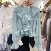 温柔风荷叶边褶皱气质百搭长袖 法式 T恤女设计感上衣 新款 2026春季