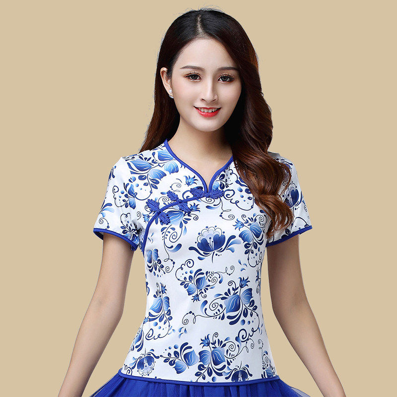 青花瓷舞蹈服新款民族风广场舞服装女春夏短袖盘扣练功服跳舞上衣