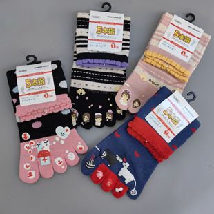 五指袜女士卡通袜子中筒纯棉点胶可爱猫咪美女分趾袜甜美风 包邮