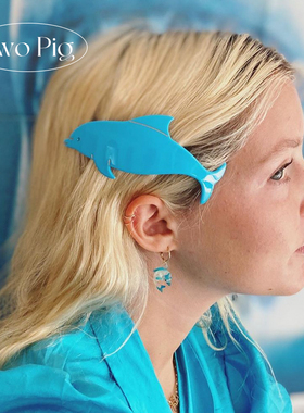 小众不撞款蓝色海豚动物醋酸弹簧夹甜美可爱欧美盘发后脑勺抓夹