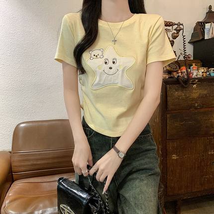 实拍210克螺纹短袖t恤女2025夏季新款刺绣花修身正肩短款圆领上衣