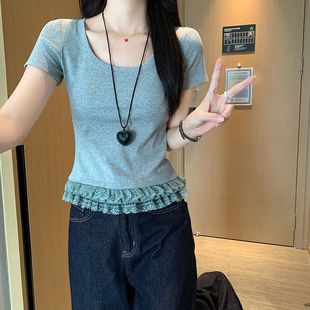 实拍11螺纹210克短袖 t恤夏2025新款 潮短款 甜美下摆圆领上衣女装