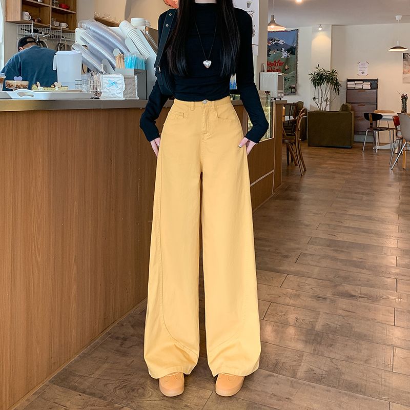 实拍实价~美式高街黄色阔腿牛仔裤女秋季新款高腰宽松显瘦直筒裤