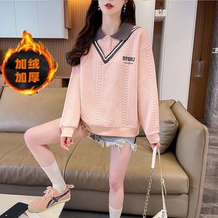 设计感小众拼色大码 潮流假两件加绒卫衣女2024秋冬新款 外套上衣服