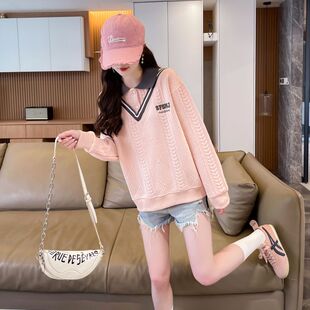 polo领撞色卫衣女秋冬季 小个子设计感上衣服 2024新款 宽松百搭大码