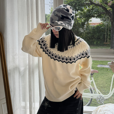 梁拌泡菜美式复古费尔岛圆领毛衣男女休闲百搭针织套头长袖上衣