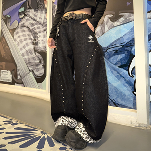 男女原创设计街头风微喇弯刀裤 梁拌泡菜美式 复古豹纹拼接牛仔裤