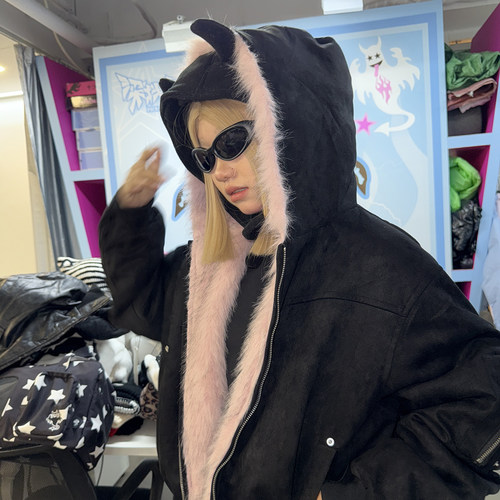 梁拌泡菜LBPC美式复古加绒毛领外套冬季新款保暖街头风连帽上衣