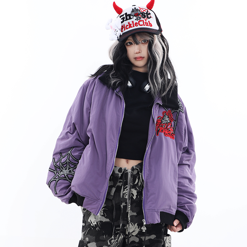 梁拌泡菜 国潮反光幽灵蜘蛛网外套百搭加厚棉衣棉服男女冬季新款