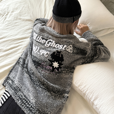 梁拌泡菜美式复古幽灵刺绣渐变毛衣男女秋冬休闲宽松情侣装上衣