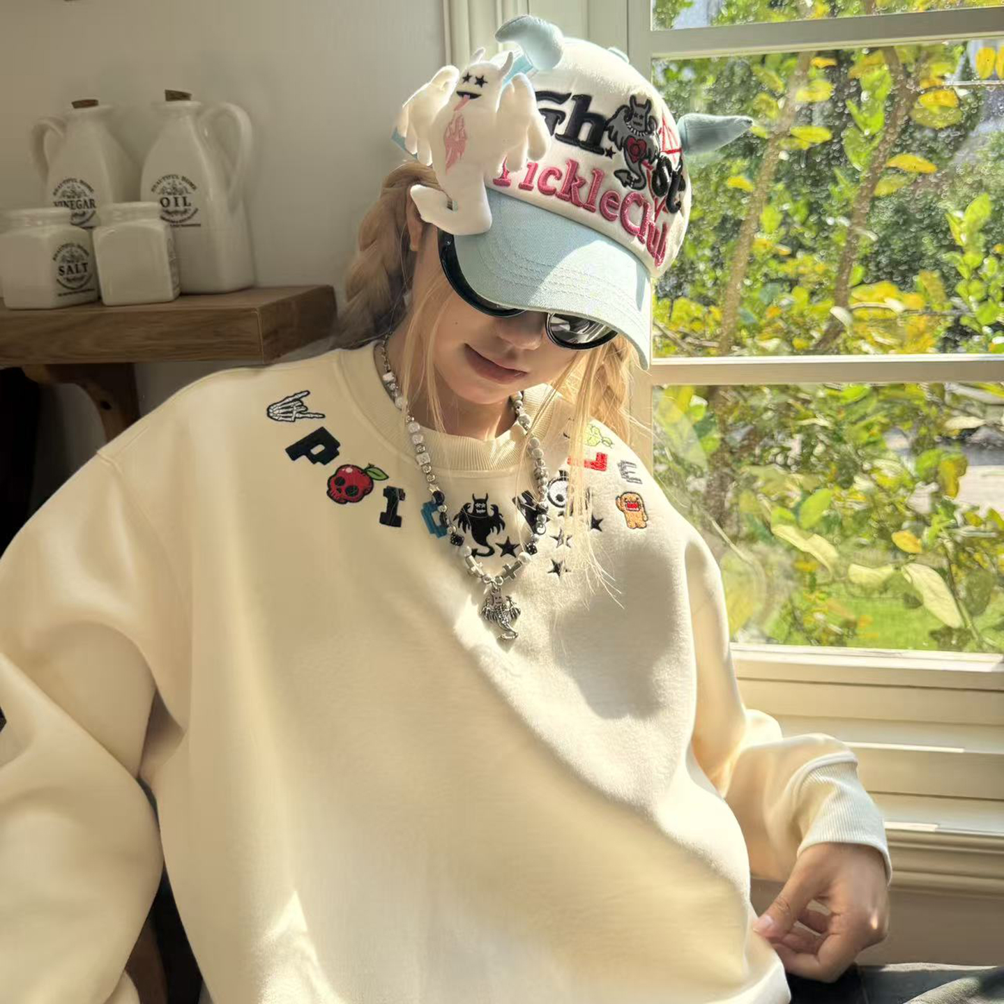 梁拌泡菜美式复古幽灵项链刺绣圆领卫衣男女宽松休闲百搭长袖上衣