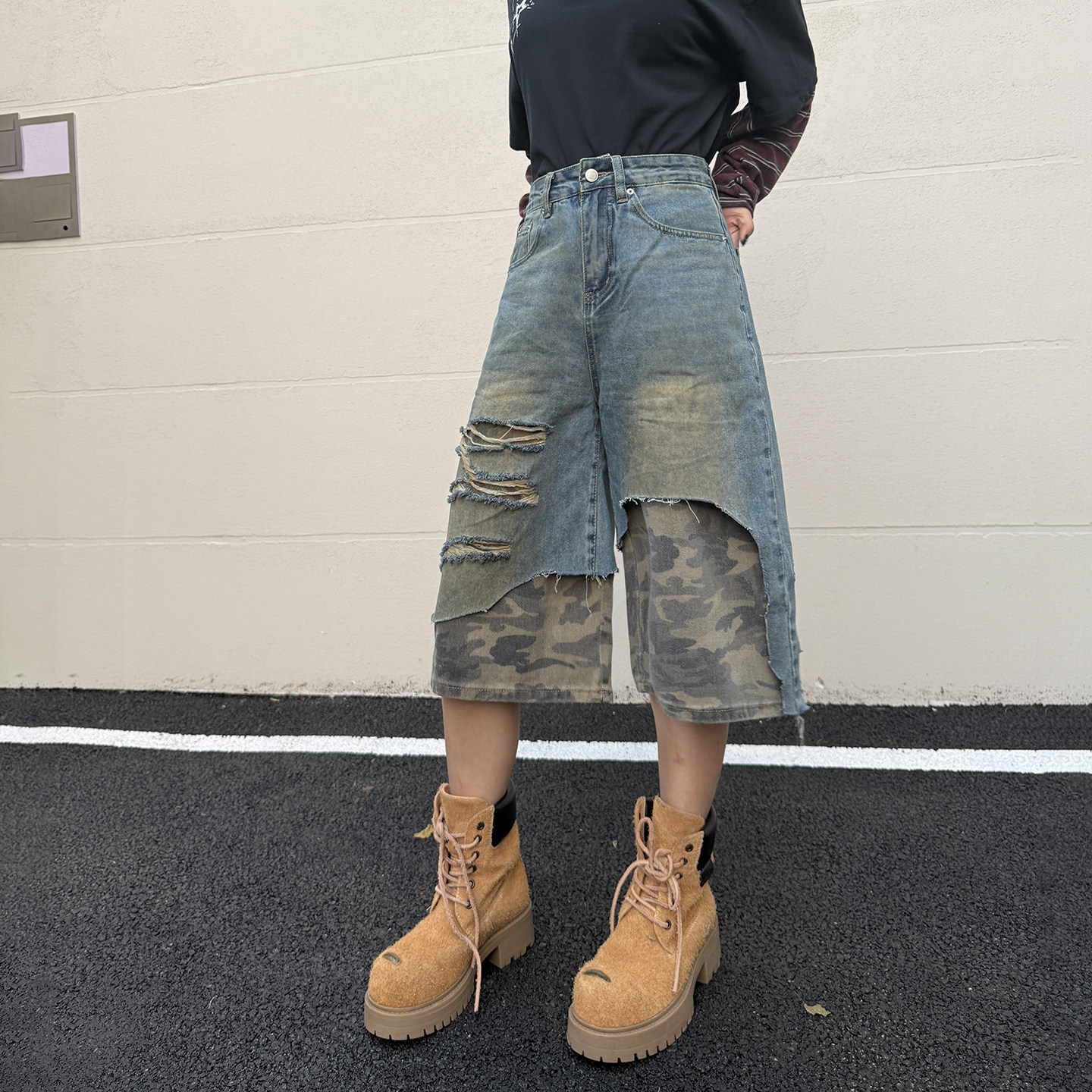 梁拌泡菜美式做旧破洞拼接迷彩牛仔短裤男街头风宽松百搭七分裤,女装/女士精品,牛仔裤,淘宝优惠券,粉丝福利购,淘宝优惠卷