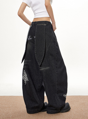 梁拌泡菜 美式hiphop牛仔裤设计感弯刀裤宽松阔腿跳舞兔子裤子女