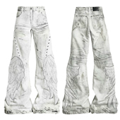 朋克亚裤 做旧翅膀贴布绣微喇裤 子修身 喇叭裤 男女 梁拌泡菜 裤 天使