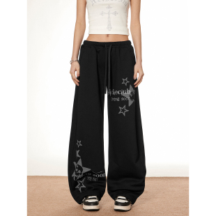 子潮 黑色运动束脚卫裤 梁拌泡菜抽绳低腰休闲宽松直筒长裤 2025新款