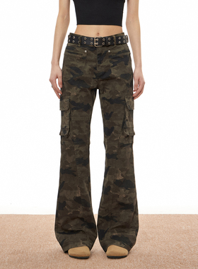 梁拌泡菜 美式复古多口袋工装迷彩裤男潮牌微喇vibe显瘦长裤子女