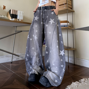 梁拌泡菜美式复古星星印花做旧微喇牛仔裤男女同款宽松休闲长裤